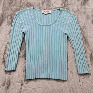 Vintage 90s Avalin Sweater Womens‎ L Blue Ribbed Scoop Neck 3/4 Sleeve Stretch